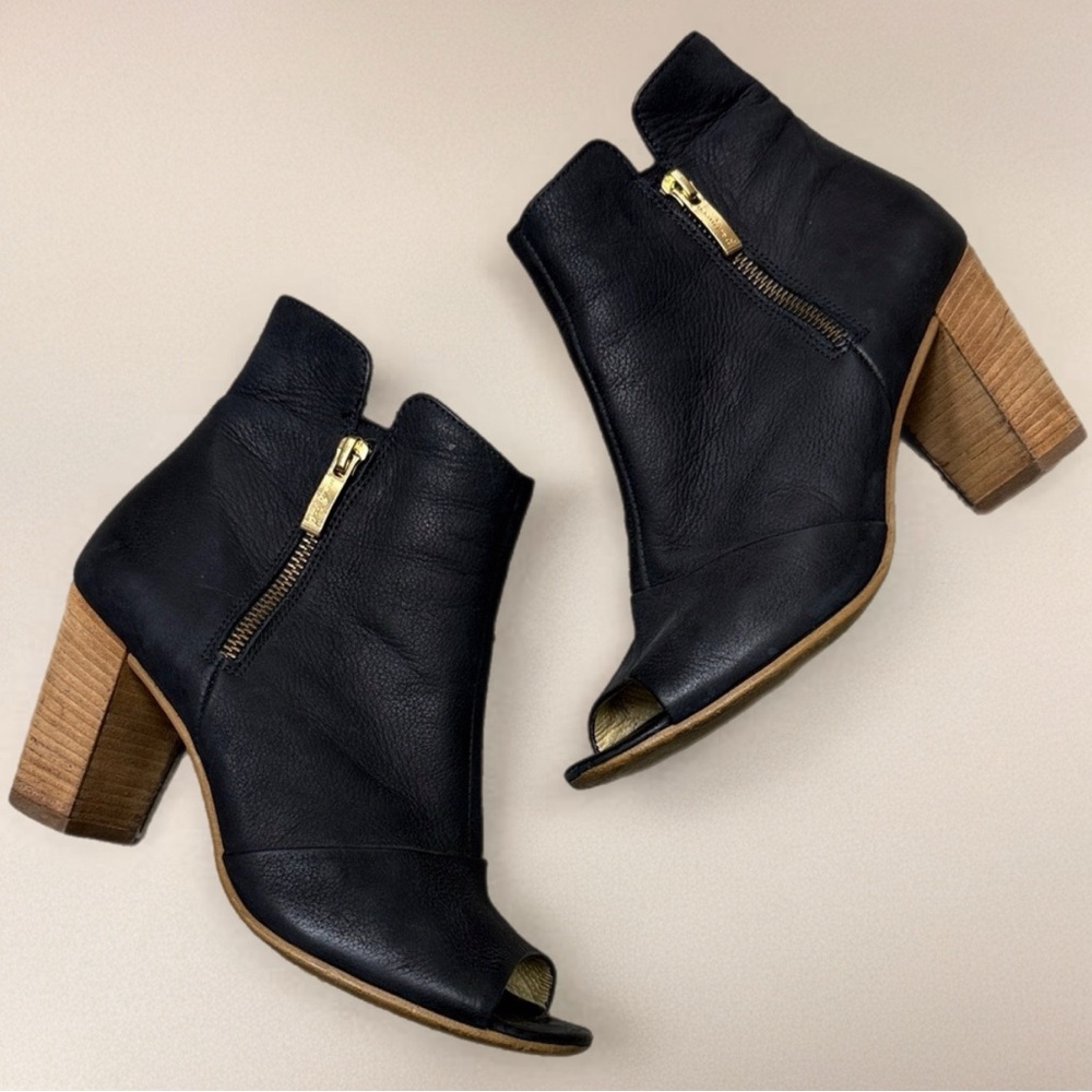 * Paul Green Black Leather Ankle Booties with Wooden Heel